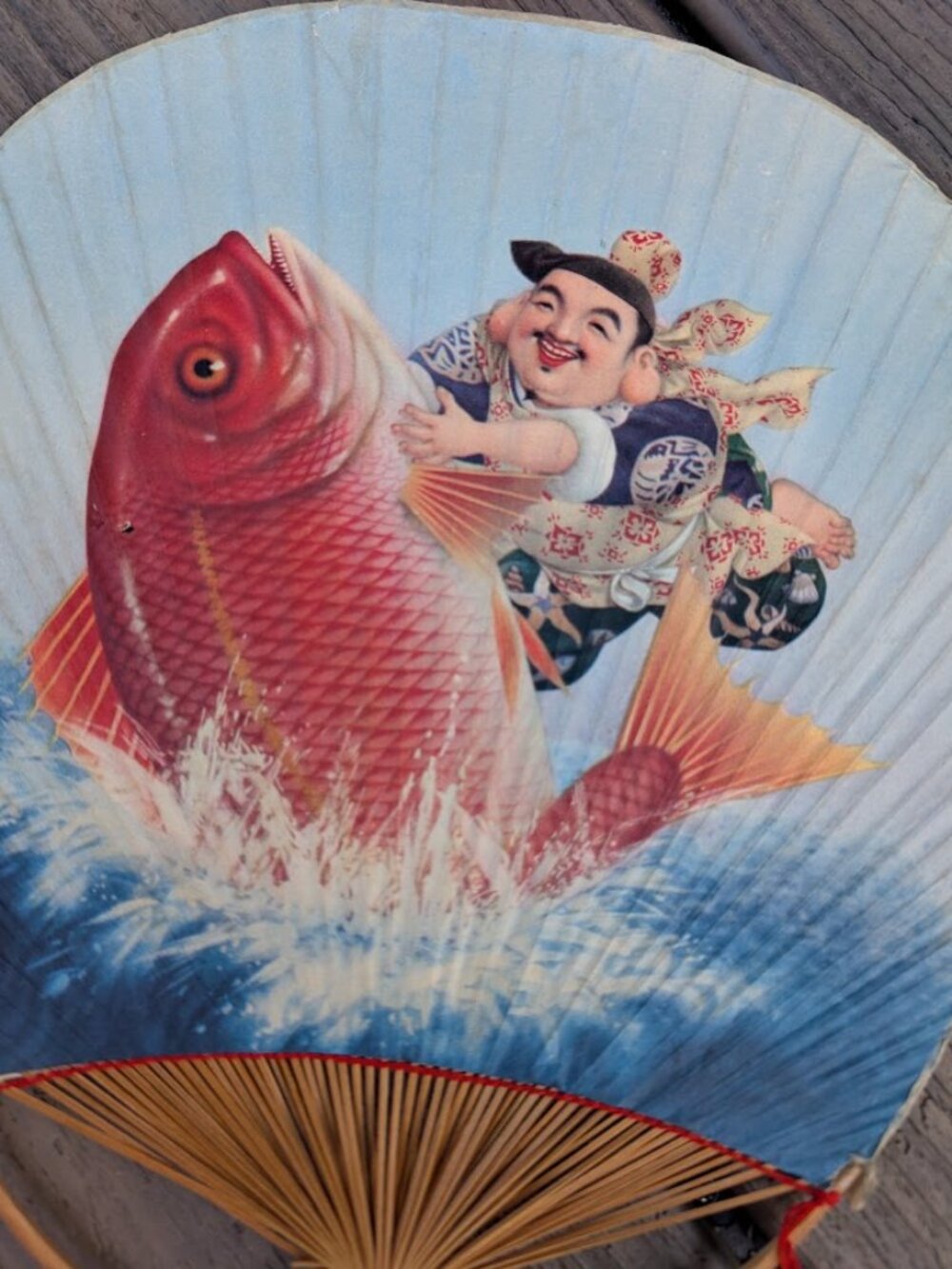 Vintage Japanese Koi Fish Paper Fan Uchiwa Fan with Bamboo Handle